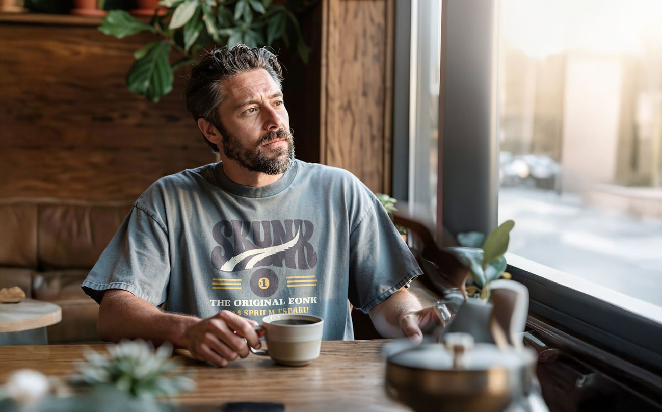 Skunk Number One shirt at a coffee shop